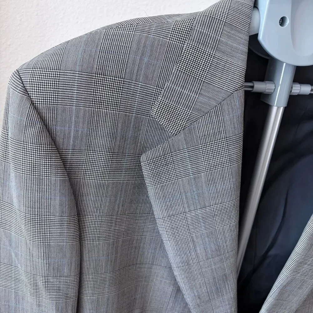 Brooks Brothers Makers Blazer 46L Gray Plaid Pure Wool USA Brooksflax Two Button